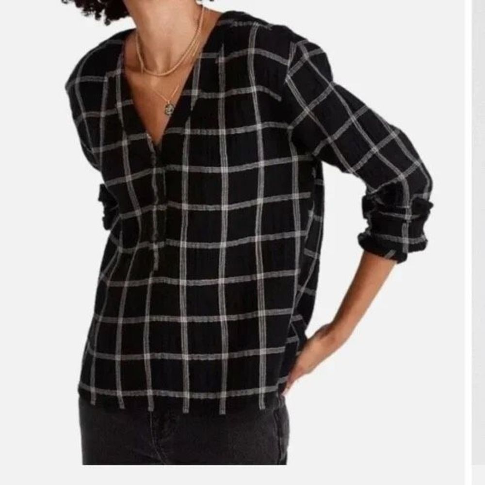 Madewell Lightspun Evert Top in Windowpane black white small checks